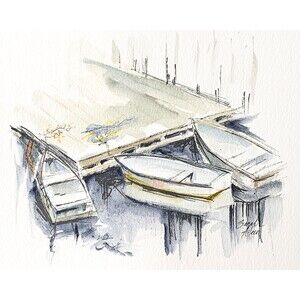 8x10 Original Watercolor Painting Ink Row Boats Dock Neutral Nautical Art Signed